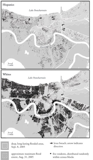 Ethnic geography map of post–Hurricane Katrina flooding on  September 8, 2005.