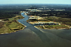 An aerial view of the Bayou La Batre harbor entrance