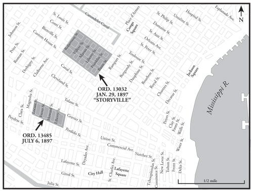 Map showing the two prostitution districts created in New Orleans in 1897.